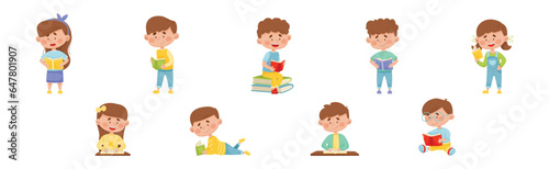 Children Characters Reading Book as Literature Fans Vector Set