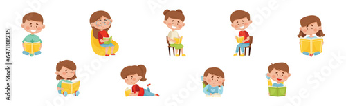 Children Characters Reading Book as Literature Fans Vector Set
