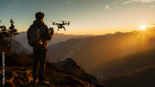 hiker in the mountains operate drones