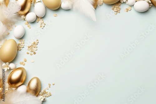 Happy Easter concept with golden easter eggs, feathers and spring flowers. Easter background with copy space. Flat lay, Generative AI 
