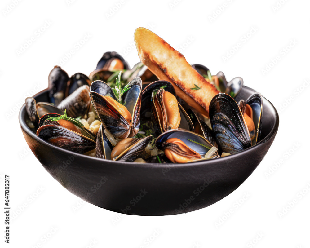 Miesmuscheln in Weißweinsoße, freigestellt vor transparentem Hintergrund, Generative AI Miesmuscheln in Weißweinsoße, freigestellt vor transparentem Hintergrund, Generative AI
