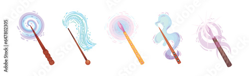 Magic Wands with Fairy Dust and Glow Swirling Around Vector Set