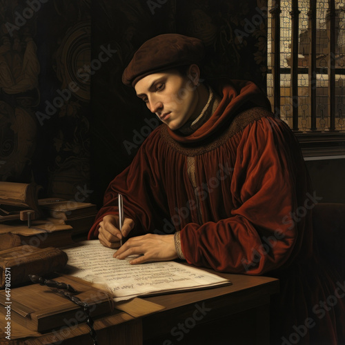 Gregorian young man writing in books in the library with good lighting