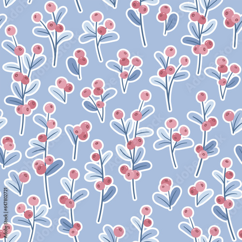 Seamless vector pattern with twigs and berries on a blue background