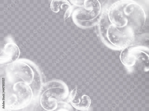 The effect of a fabulous magical winter snowstorm. Christmas snow background. Wind swirl with snowflakes and shimmering effects. Snow storm concept. Vector