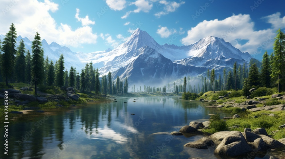 a tranquil mountain lake reflecting the surrounding forest. 