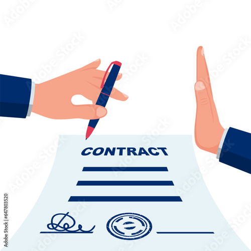 Reject to signature of a contract. Break of a contract. Vector illustration flat design. Isolated on background. Concept of disagreement. Business documents. End deal.