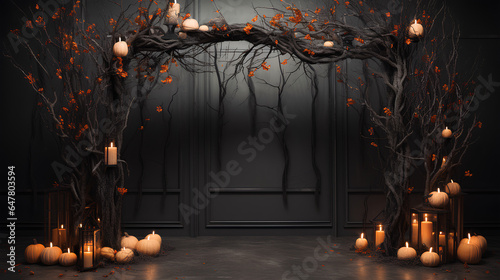 Decorative frames for Halloween events with an arch of black branches and decorated with small lights, pumpkins, bats, bones... Decorative and creative elements for Halloween. Halloween decorative arc