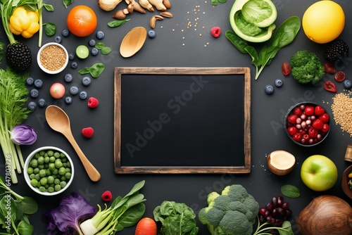 Vegetarian vegan healthy ingredients and mindful eating chalk board, Generative AI 