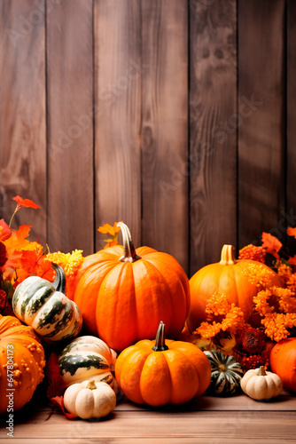 Autumn and Halloween vertical pumpkins with text space on wooden background
