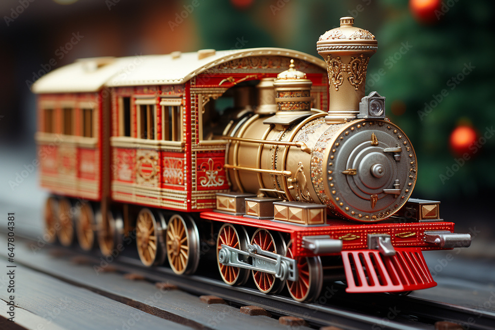 Toy gold and red vintage locomotive on blur light backdrop. Cartoon Illustration. Festive postcard. Christmas and New year celebration concept, background.