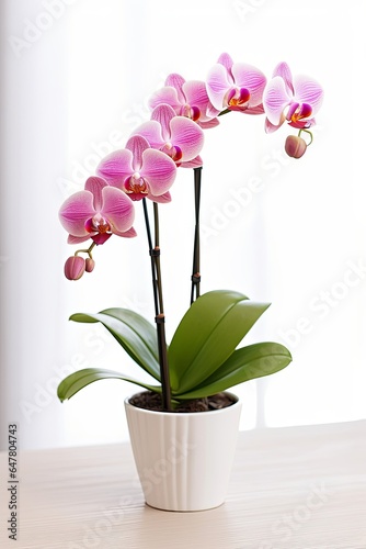 Pink orchid in a white flowerpot, Generative AI