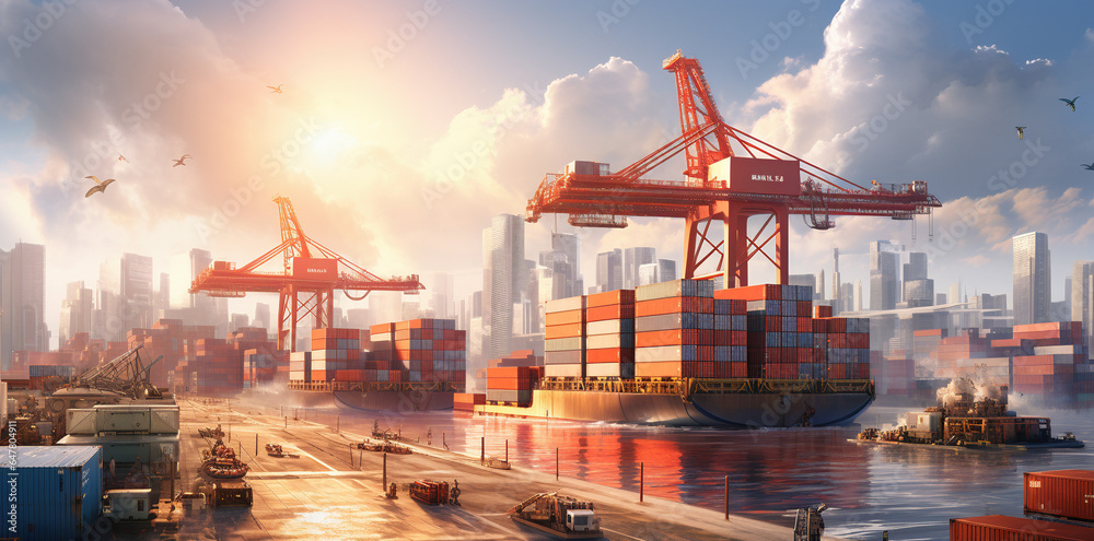 Bustling harbor: Ships loading, unloading cargo in a busy, global maritime trading hub., logistics operations supporting global trade.