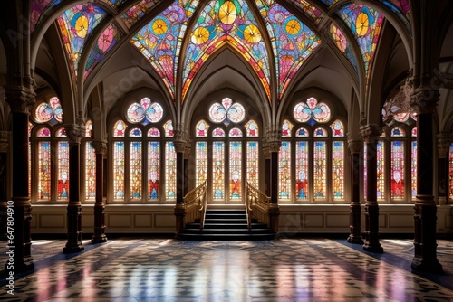 Imposing palace adorned with vibrant stained windows. Generative AI