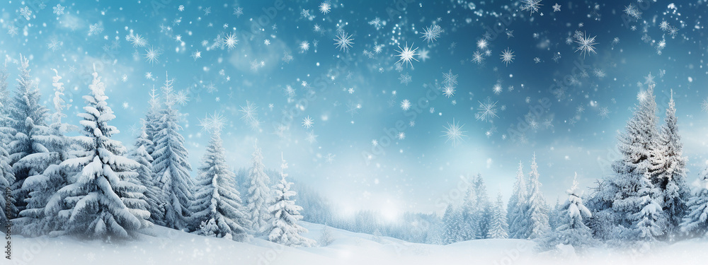 Fototapeta premium Christmas winter landscape background. Snow forest. Copy space. Illustration for web, poster, banner