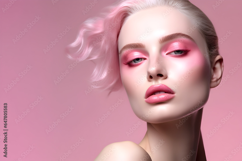 Fashion editorial Concept. Closeup portrait of stunning pretty woman with chiseled features, pink makeup and hair. illuminated with dynamic composition and dramatic lighting. copy text space

