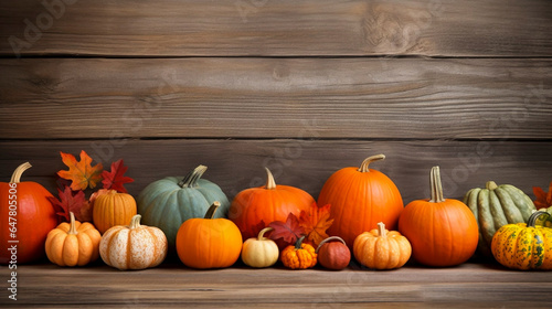 copy space, A colorful display of pumpkins, pumpkins and leaves sitting in a row on wooden background. Autumn vegetables, invitation for Halloween, thanksgiving. Autumn decoration. 
