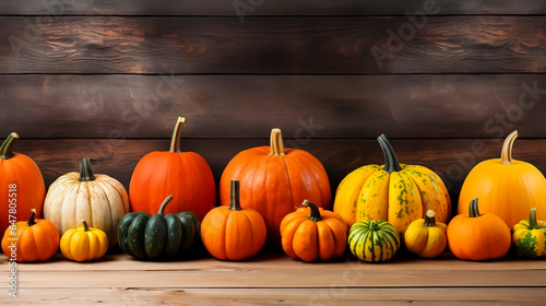 copy space, A colorful display of pumpkins, pumpkins and leaves sitting in a row on wooden background. Autumn vegetables, invitation for Halloween, thanksgiving. Autumn decoration. 