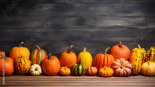 copy space  A colorful display of pumpkins  pumpkins and leaves sitting in a row on wooden background. Autumn vegetables  invitation for Halloween  thanksgiving. Autumn decoration. 