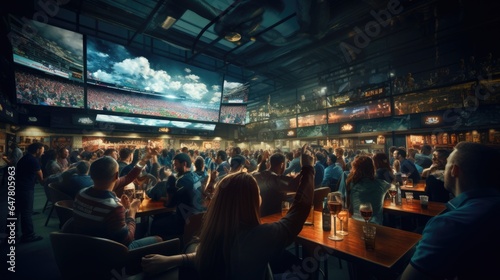 Sports fans watch a sporting event in a bar on a big screen. The exciting moment of the match is shown, the fans expressively root for their favorite team.