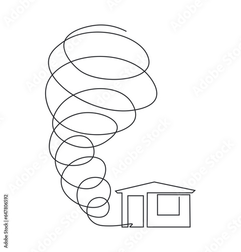 Tornado near residential building. Natural disaster with wind, tornado, storm. Hurricane cyclone zone. Destruction of buildings. Deadly disaster. Simple linear illustration with single continuous line
