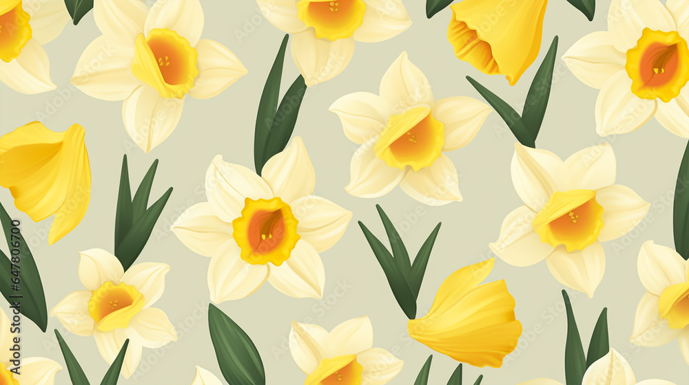 nature textured daffodil flowers seamless patter, vivid color background, flat minimalist vector illustrations