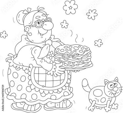 Funny granny with freshly baked hot tasty pancakes for a festive table, black and white outline vector cartoon for a coloring book