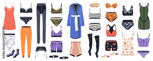 Bundle of female lingerie sets isolated on grey background. Collection of elegant undergarments, sexy underwear, bras, bikini, sleepwear, garter belt and panties for women. Flat vector illustration.