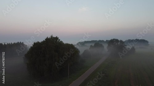 The early morning with sunrise among the forest, fields and fog