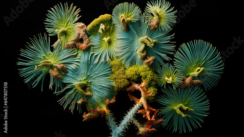 mutated green bacteria under a microscope on a black background, abstract organic form, AI photo