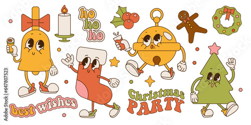Set of 70s, 80s groovy hippie characters. Christmas tree, bell, ladybell, stocking characters. Christmas party vintage elements collection. Vector retro cartoon illustration. photo