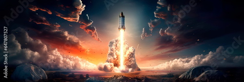 space launch with a rocket soaring into the cosmos, highlighting the power and energy required for space exploration.