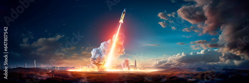 space launch with a rocket soaring into the cosmos, highlighting the power and energy required for space exploration.