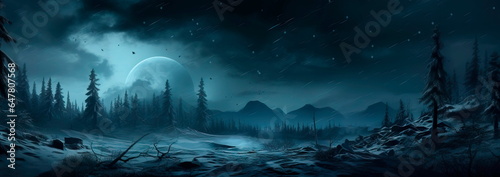 moonlit winter night with a forest bathed in shades of deep midnight blue and silver.