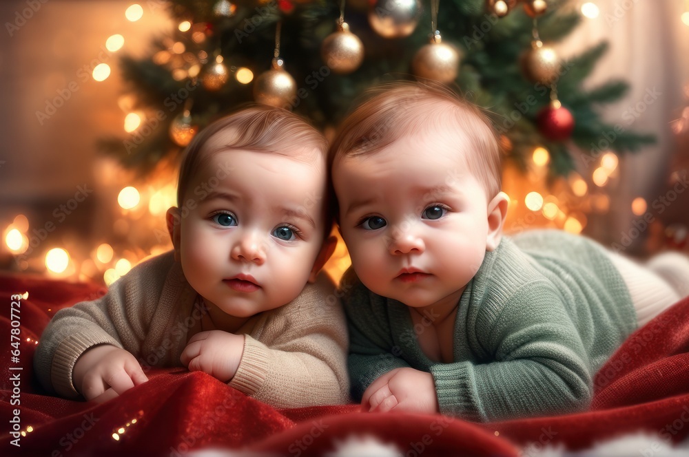 A children laying on Christmas eve under a decorated Christmas tree waiting for a gift. Family celebrates Christmas at home. A couple of toddlers laying next to each other under a christmas tree A children laying on Christmas eve under a decorated Christmas tree waiting for a gift. Family celebrates Christmas at home. A couple of toddlers laying next to each other under a christmas tree