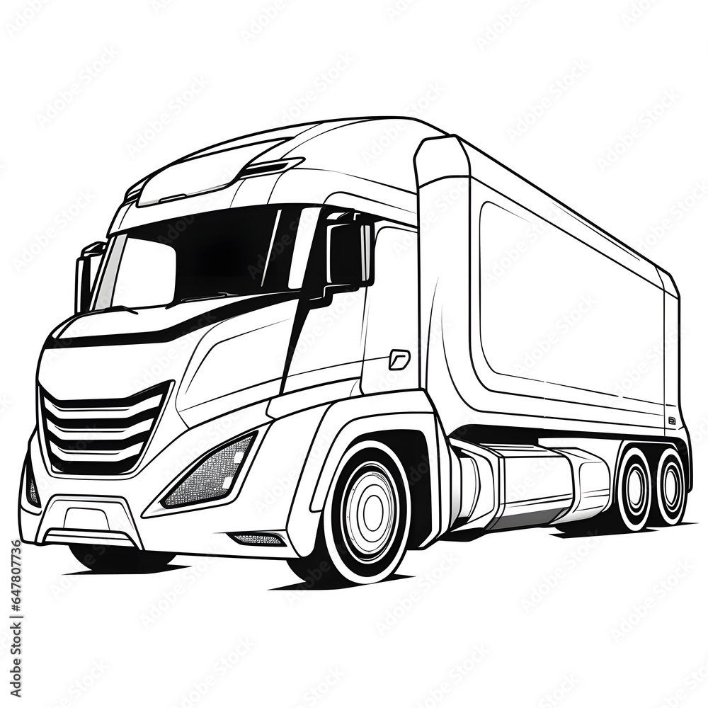 Outline drawing of futuristic truck concept, truck coloring page line art, car from side and front view. Vector doodle illustration, design for coloring book or print