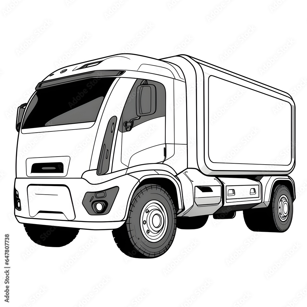Outline drawing of futuristic truck concept, truck coloring page line art, car from side and front view. Vector doodle illustration, design for coloring book or print