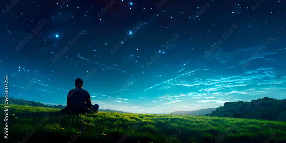 stargazer lying on a grassy hill, looking up at a clear night sky filled with twinkling stars and constellations.