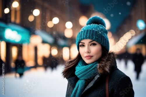 A happy woman wearing winter outfit stand in the snow on city street on christmas eve. Young woman dressed in a winter coat, a gray wool hat and a knitted wool scarf waiting Christmas magic