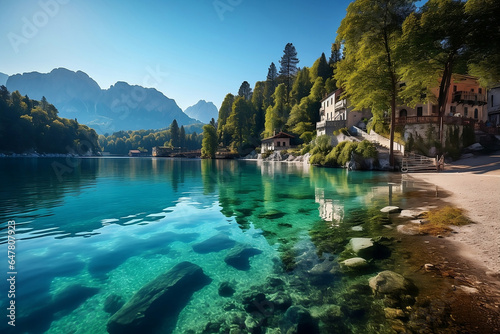 Colorful summer view of Fusine lake. Bright morning scene of Julian Alps with Mangart peak on background, Province of Udine, Italy, Europe. Traveling concept background © Edge of Art 