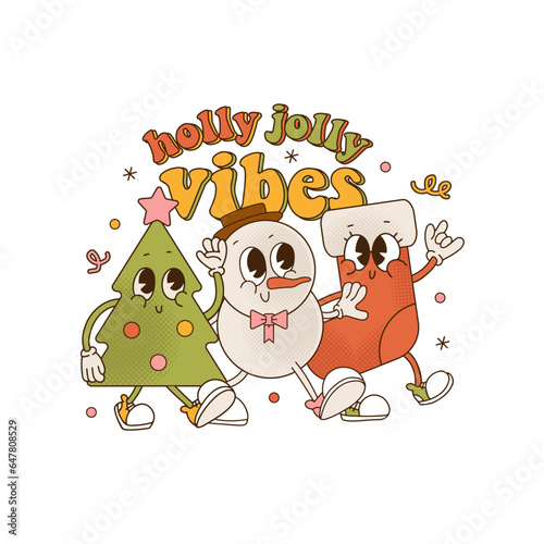 Holly jolly vibes - Christmas print conept in trendy retro cartoon style. Walking vintage characters - Xmas tree, snowman,stocking. Greeting cards, posters, prints, party invitations decoration.