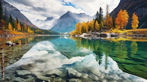 Perfect Reflection of Golden Larch Forests and Snow-Capped Mountains in Glacier Lake with Cobblestone Lakebed in the Autumn, fall foliage, generative AI
