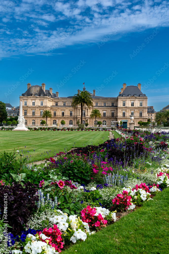 Paris, France - August 10, 2023: Luxembourg Palace and flowering park, Seat of the French Senate