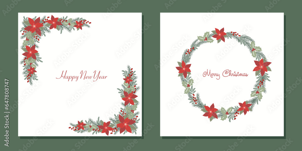 Set of winter postcards. Christmas flowers and tree. Christmas card. Happy New Year card. Set of winter postcards. Christmas flowers and tree. Christmas card. Happy New Year card.