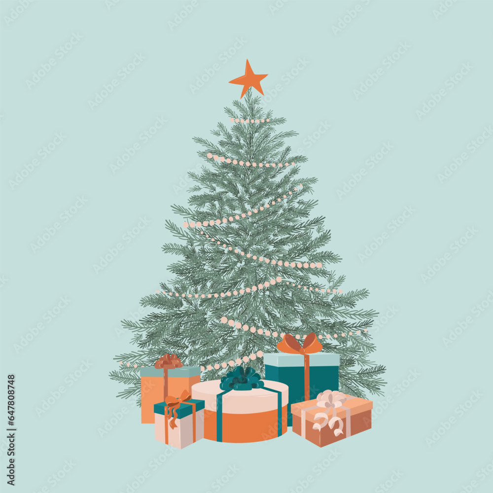 Naklejka premium Winter postcard. Christmas tree with gifts