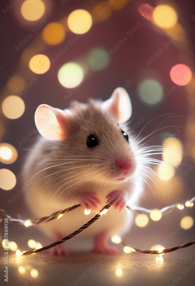 Mouse close-up against the background of lights and garlands during Christmas. AI Generated Mouse close-up against the background of lights and garlands during Christmas. AI Generated