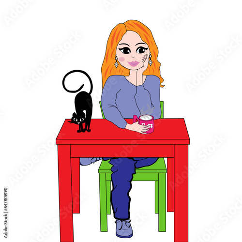Mujer joven sentada tomándose una taza de café.