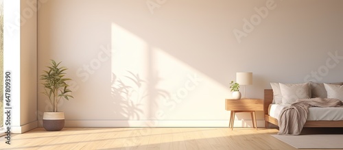 Modern home concept portrayed in a sunlit bedroom with a poster above the bed a study corner and a white door with a toned image © AkuAku