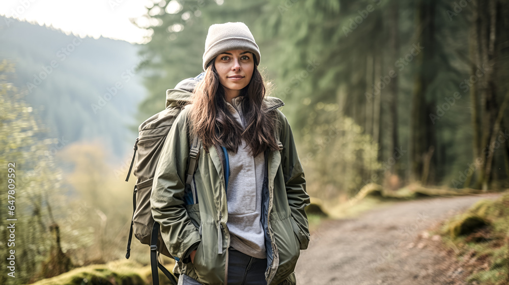 A woman stands outdoors in casual clothing, ready for adventure.