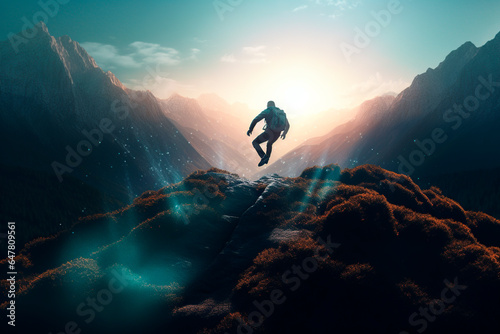 landscape with person jumping through the air